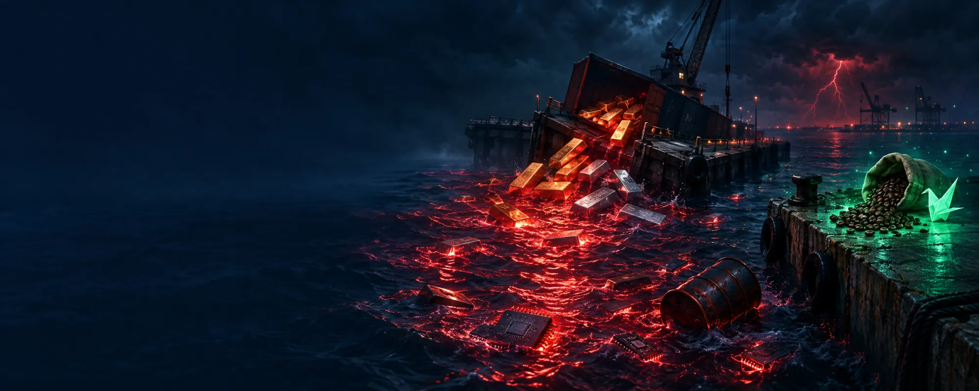 Nocny port w czasie sztormu: sztabki złota i srebra zsuwają się z nabrzeża i toną w koralowoczerwonej poświacie, a na małym pomoście po prawej worek kawy i papierowy żuraw świecą szmaragdową zielenią.