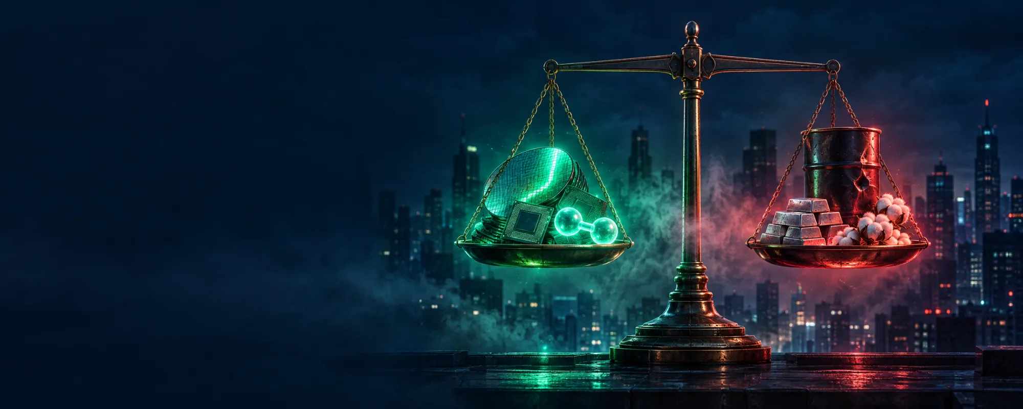 Wielka mosiężna waga na dachu nocnego miasta w idealnej równowadze: na jednej szali świecące na zielono mikroczipy, krzemowe wafle i cząsteczka wodoru, na drugiej świecące na czerwono beczka ropy, sztabki srebra i bawełna.