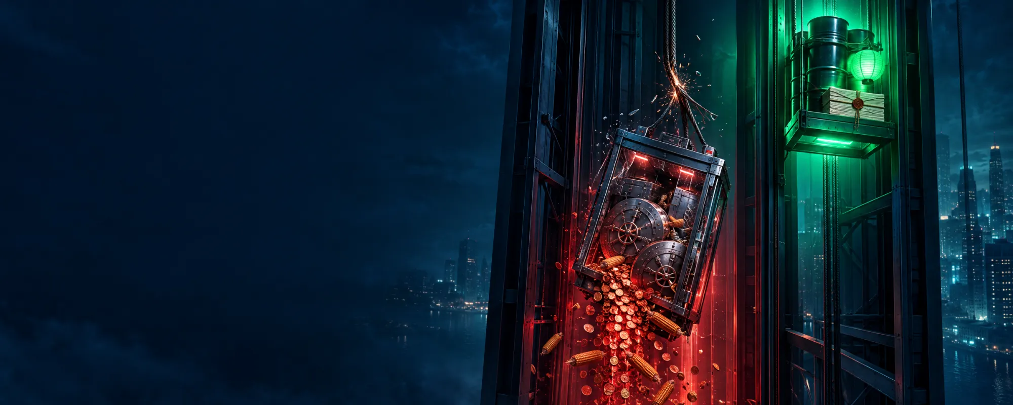 Szklana winda pełna czerwonych drzwi skarbca spada w dół szybu, a po drugiej stronie wznosi się zielona przeciwwaga z beczkami ropy i lampionem.