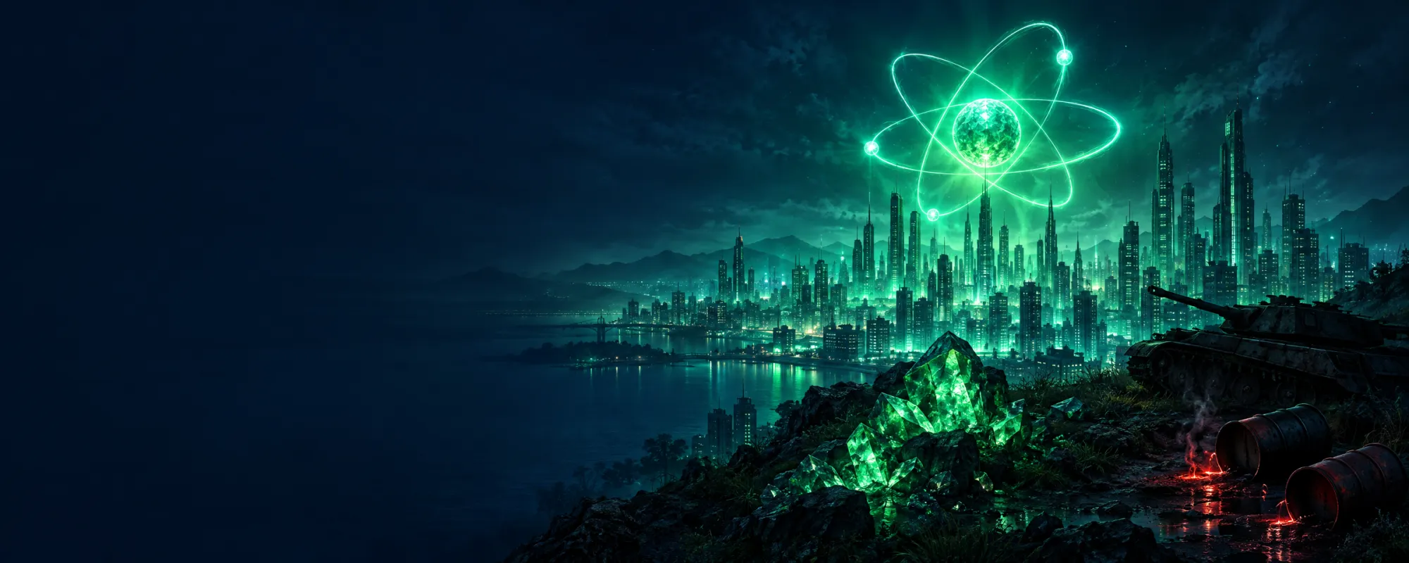 Nocne miasto rozświetlone szmaragdową zielenią pod ogromnym świecącym modelem atomu, a w cieniu na pierwszym planie mały czołg i przewrócone beczki ropy żarzące się koralową czerwienią.