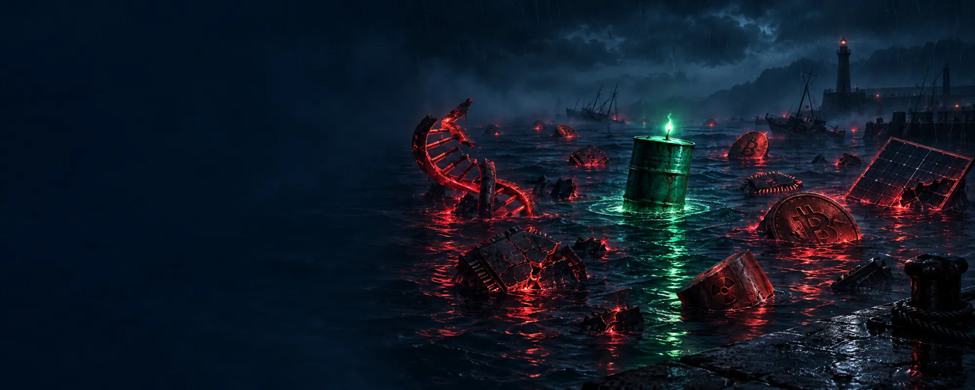 Nocny port po burzy: zatopione, czerwono świecące łodzie w kształcie mikroczipów, helisy DNA i monet, a wśród nich jedna unosząca się na wodzie beczka ropy świecąca zielenią.