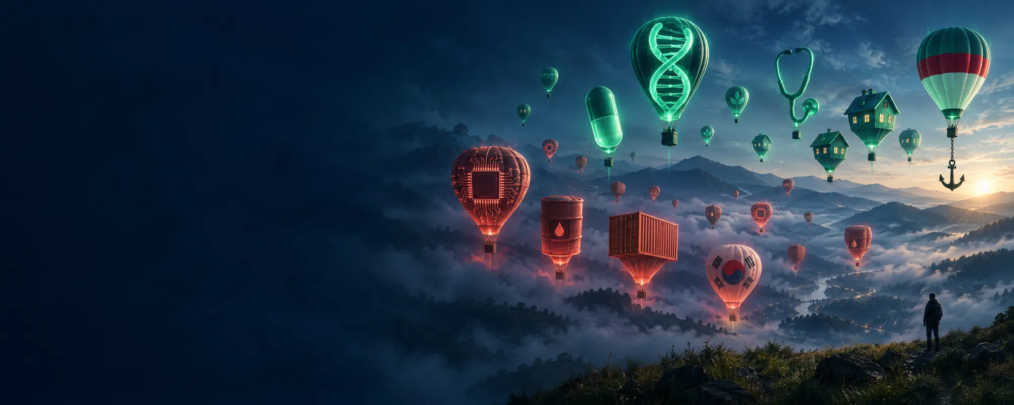 Balony w kształcie mikroczipów i beczek opadają na czerwono we mgle, a zielone balony z helisą DNA, kapsułką i domkami wznoszą się o świcie nad górską doliną.