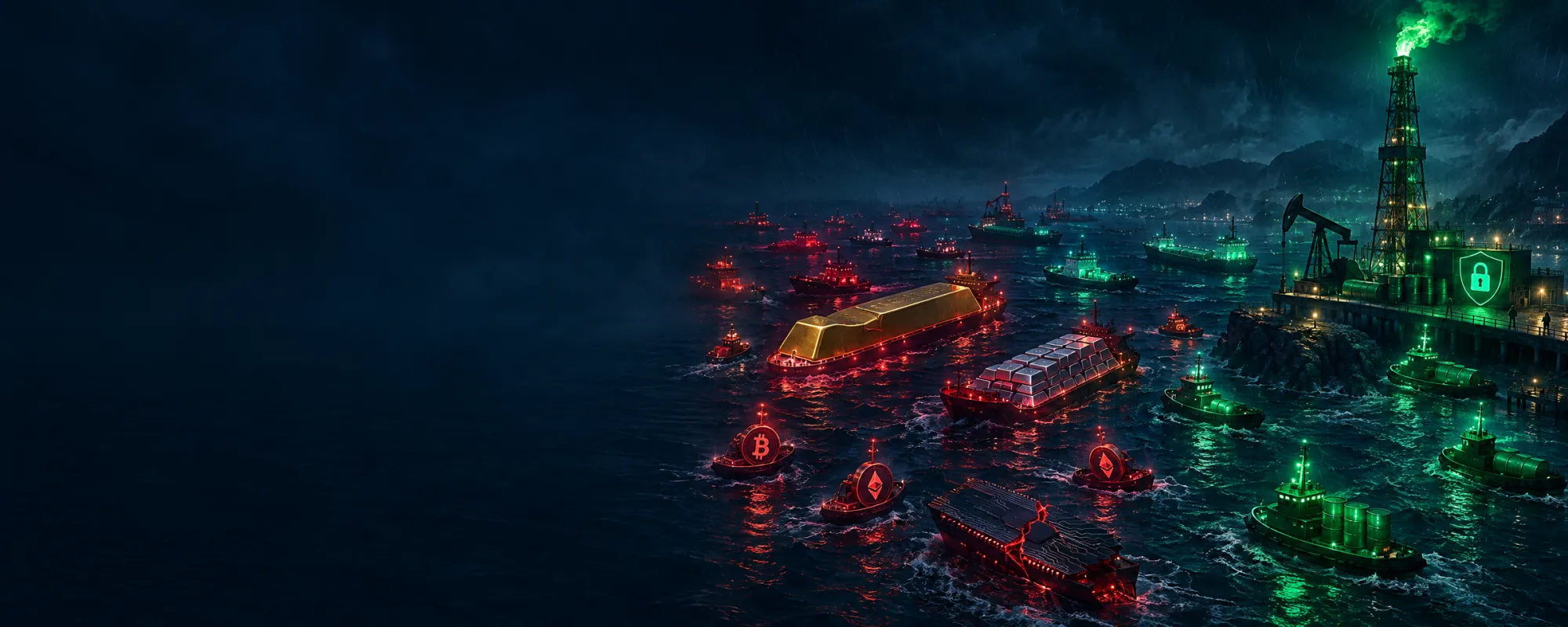 Nocny port w deszczu: szyb naftowy świeci zielenią jak latarnia morska, a na wodzie większość statków w kształcie sztabek złota, monet krypto i mikroczipów przechyla się w koralowej czerwieni.