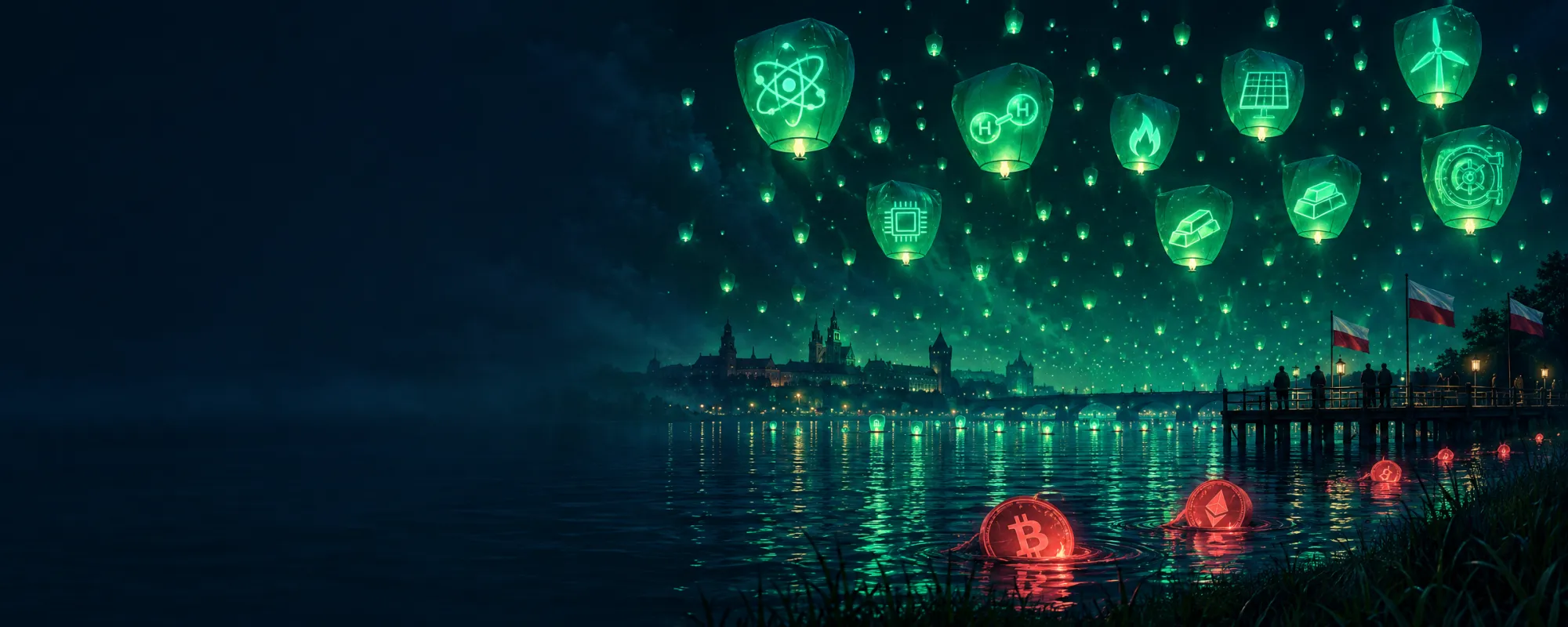Nocny festiwal lampionów nad rzeką: setki zielonych lampionów w kształcie atomu uranu, cząsteczki wodoru, turbin i sztabek złota unoszą się w niebo, a kilka czerwonych lampionów-kryptomonet tonie przy brzegu.